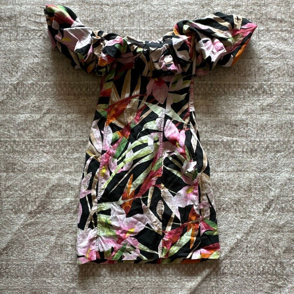H&M Linen Blend Size XS multicolor mini dress Off shoulders pink black